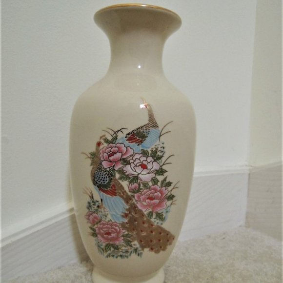 Ceramic Vase Peacock Floral Design Crackle Glaze + Gold